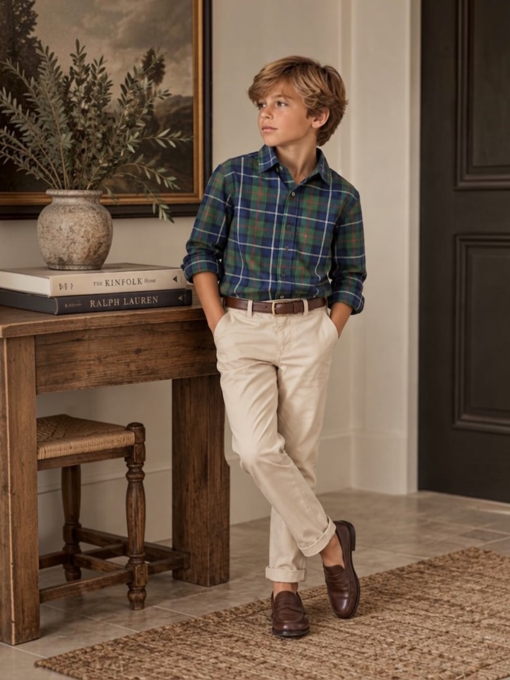 H&M Boys Green and Blue Plaid Button-Down Shirt Size 9-10